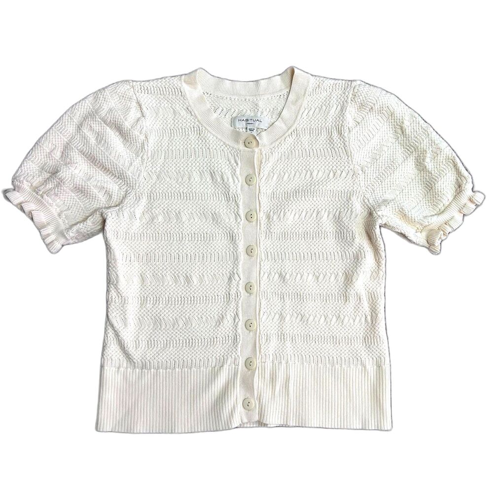 Habitual Nordstrom Ivory Pointelle Knit Short Sleeve Cardigan Sweater Size S - Picture 4 of 13